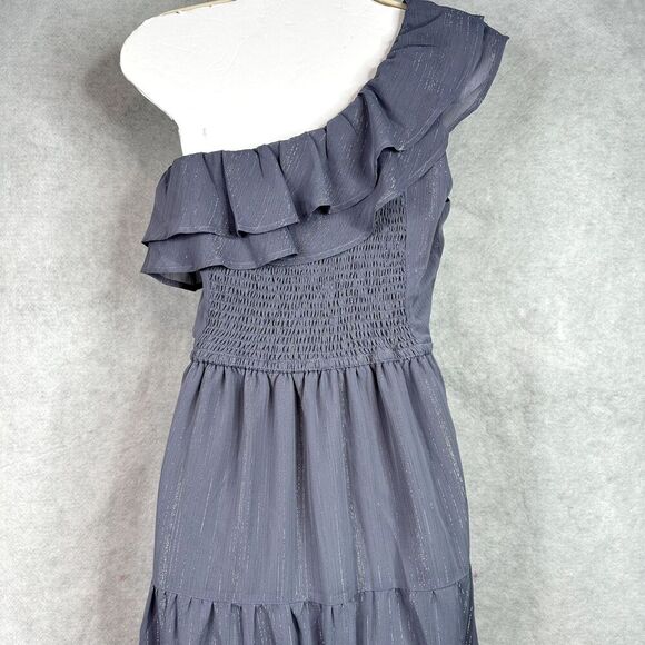 Heartloom‎ Noemi One Shoulder Ruffle Maxi Dress XL Purple Gray Stripe NWT - Picture 12 of 15